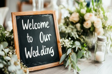 A garden wedding setup with a &acirc;&euro;&oelig;Welcome to Our Wedding&acirc;&euro; chalkboard surrounded by lush greenery and twinkling fairy lights