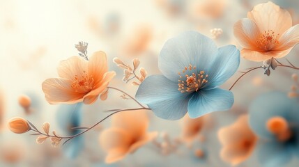 Dreamy Pastel Flowers Soft Blue  Peach Blossom Bouquet in a Gentle Blurred Background