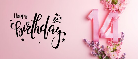 Fototapeta premium Happy 14th Birthday Pink Floral Background with Ribbon Number