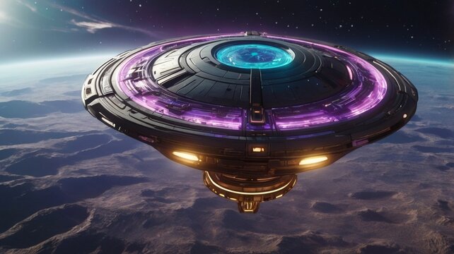 A UFO flying through space, an art piece generated by AI.