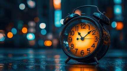 A vintage alarm clock glows warmly against a backdrop of blurry city lights at night. The dark blue and orange hues create a captivating contrast.