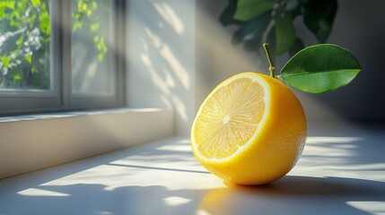 Sunlit Lemon Half on Windowsill Vibrant Citrus Still Life Photography