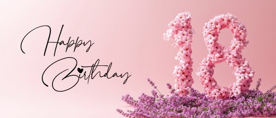 Naklejka premium Happy 18th Birthday Floral Number Design with Lavender