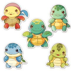 Naklejka premium Five Cute Cartoon Turtles, Stickers, White Background, Childrens Design, Digital Art