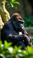 Naklejka premium Gorilla naps in sunlit zoo habitat; relaxed posture, serene, daytime