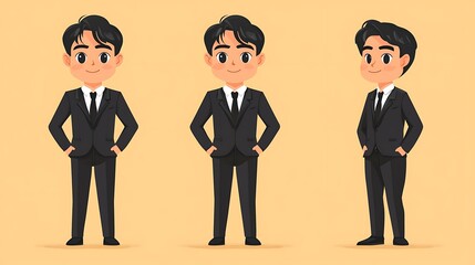 Asian business man set Asian business young man in black suit. Different poses set. Various gestures male character standing and sitting at the desk isolated vector illustration businessman 