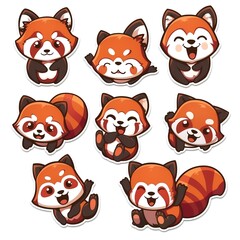 Adorable Red Panda Stickers Various Poses, White Background, Cute Cartoon Style, Perfect for Crafting