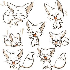 Adorable Fennec Fox Characters Posing, White Background, Cartoon Style, Digital Stickers