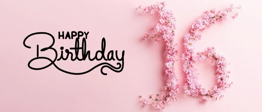 Happy 16th Birthday Floral Arrangement: Pink Flowers and Elegant Script