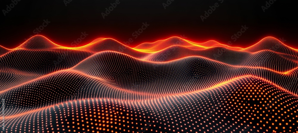 Poster abstract glowing network data dots form digital landscape motion particle on black background.