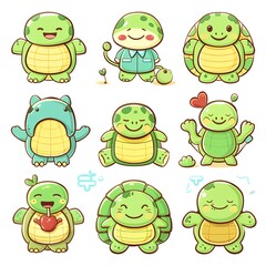 Obraz premium Adorable cartoon turtle characters; various poses; white background; children's book illustration