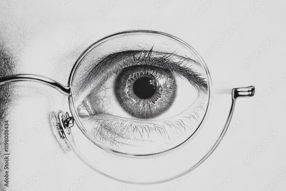 Poster close up view of a human eye behind glasses with detailed patterns and shades in the iris. generativ