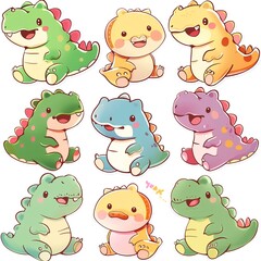 Cute cartoon dinosaurs digital stickers, white background, kids' crafts, design elements