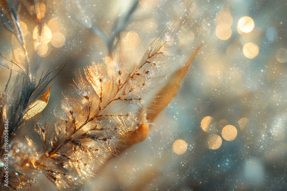 Poster Close-up of delicate golden plants with bokeh lights and soft glowing background