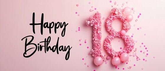 Naklejka premium Happy 18th Birthday Floral Number with Pink Balloons and Confetti