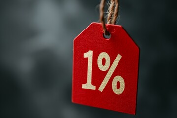 Red discount tag showing one percent hanging on string on dark background