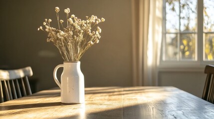 Dried flowers in a vase on a wooden table bathed in sunlight.