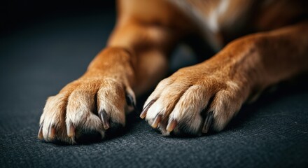 Close-up of a dog's paws resting on a dark surface