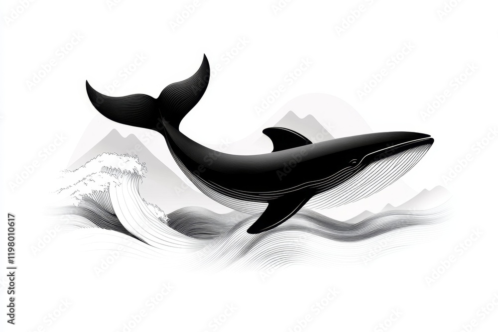 Poster a minimalist design of a whale tail emerging from stylized waves, drawn in clean black lines on a wh