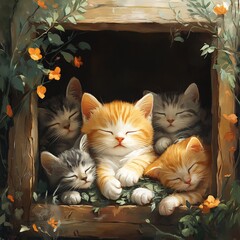 kitten peacefully sleeping inside cozy cat house, surrounded by various breeds, creating serene and warm atmosphere with minimal geometric design, vibrant textures