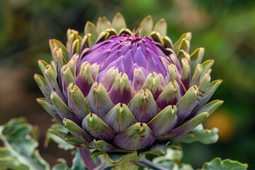 Globe artichoke growing in garden with blurred background