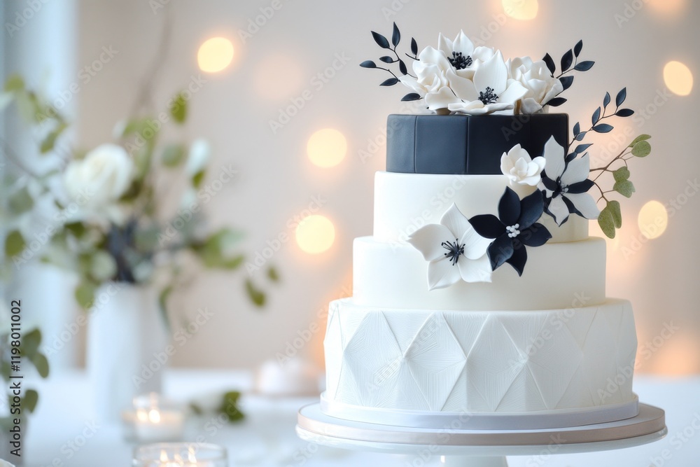 Poster a modern, geometric wedding cake with sharp edges and a simple monochromatic design in black and whi