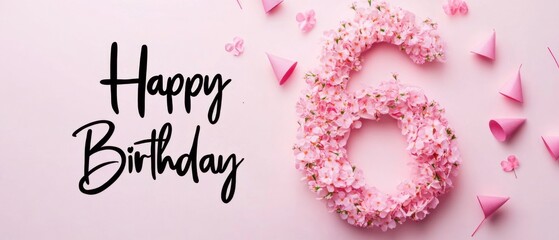 Naklejka premium Happy 6th Birthday Floral Arrangement with Pink Flowers and Party Hats