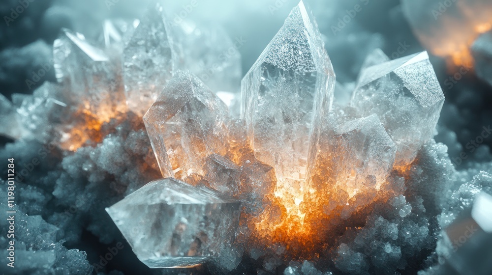 Poster glowing crystals emerging from dark mineral formations in a surreal environment during twilight. gen