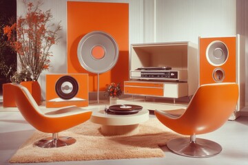 A nostalgic photo of a 1970s living room setup, complete with a vinyl player, shag carpet, and retro furniture