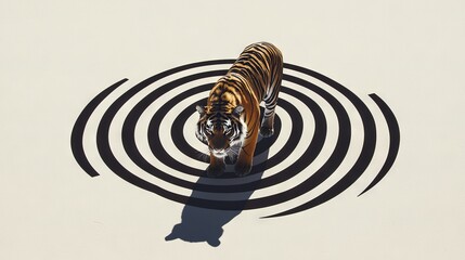   Tiger on white floor with circular pattern on back and shadow of head below