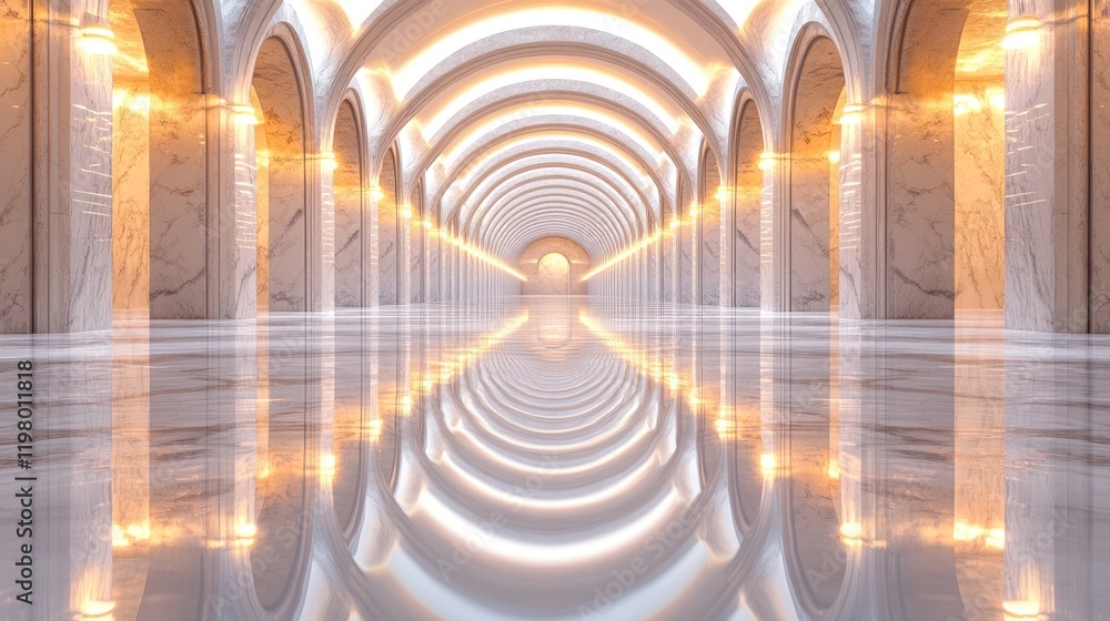 Poster elegant marble hallway with reflective floor and arching lights creating a tranquil atmosphere. gene
