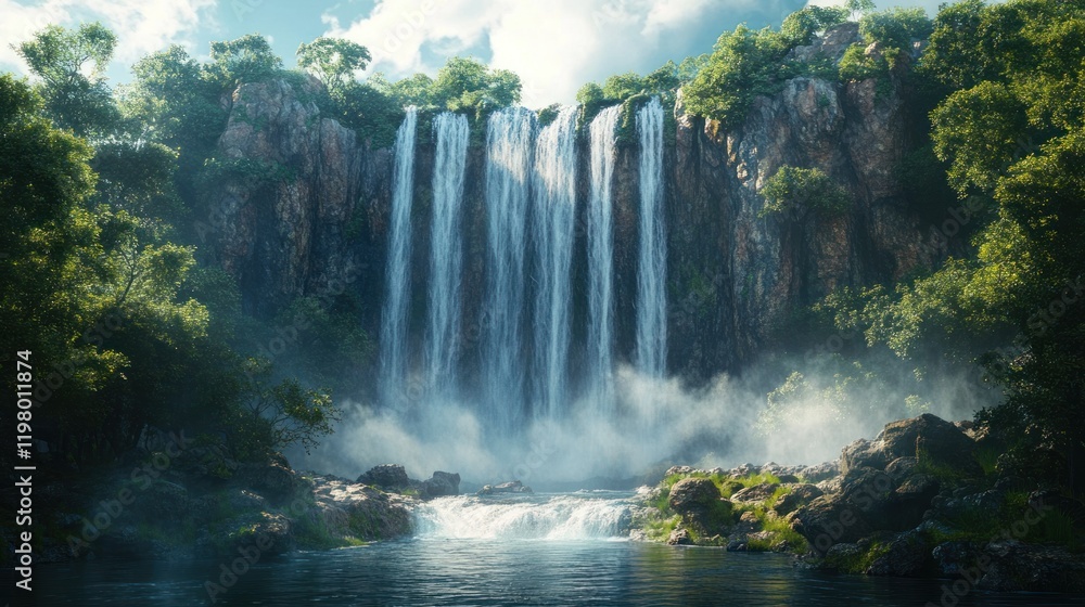 Poster majestic waterfall cascading into a serene pool surrounded by lush greenery in daylight. generative 