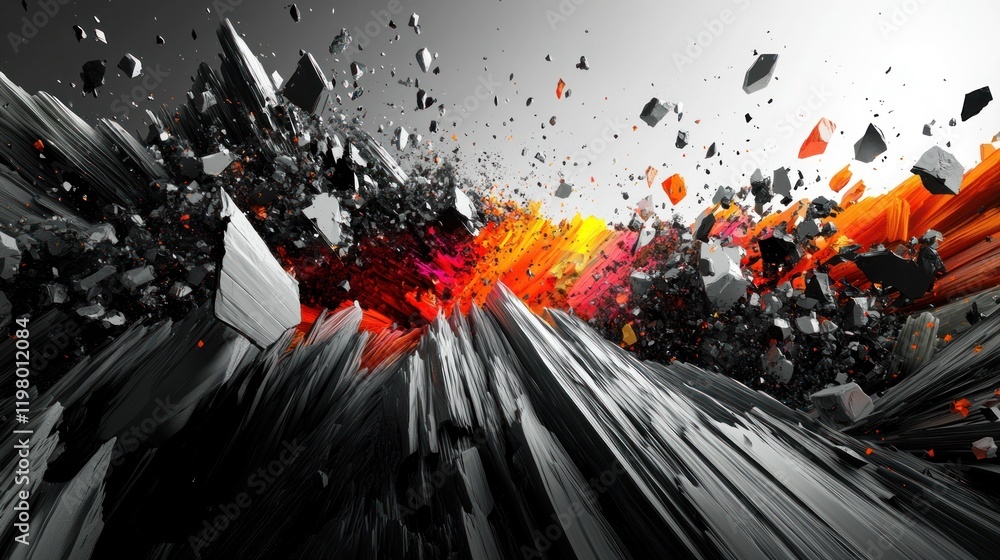 Poster abstract explosion of colorful shards and fragments against a contrasting backdrop. generative ai
