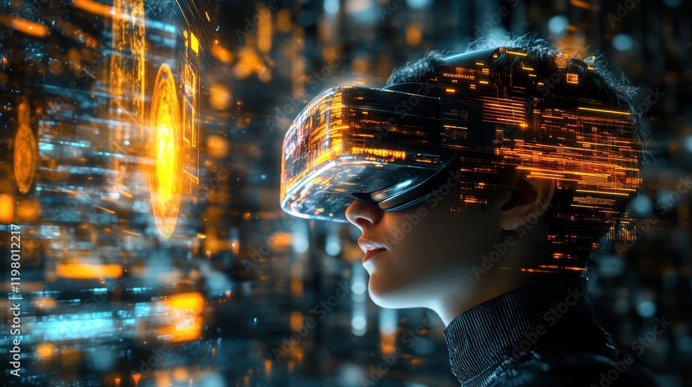 Poster exploring virtual reality technology with a futuristic headset in a high-tech environment. generativ