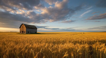 Rustic barn in vast golden wheat field under dramatic sky