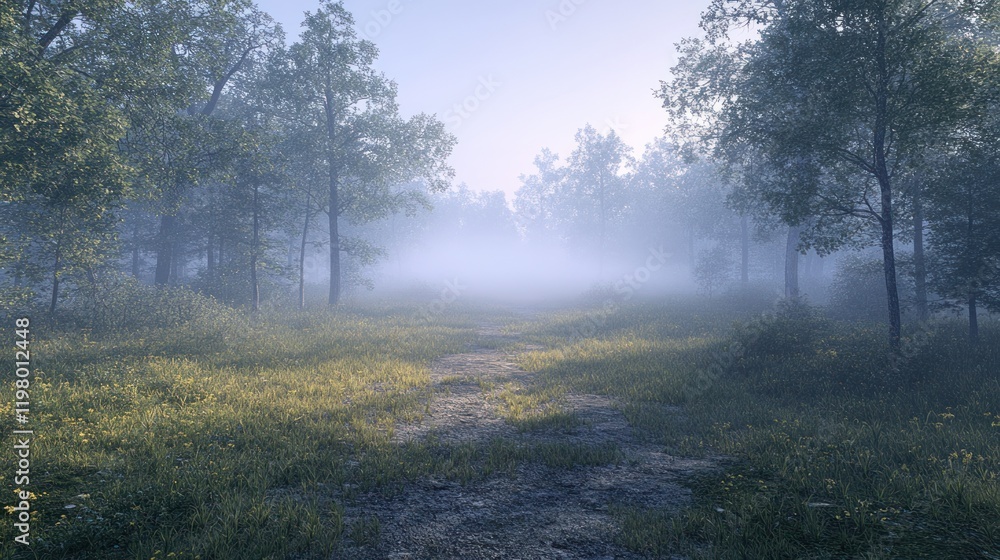 Poster misty forest path reveals serene nature during early morning hours with soft light filtering through