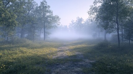 Misty forest path reveals serene nature during early morning hours with soft light filtering through trees. Generative AI