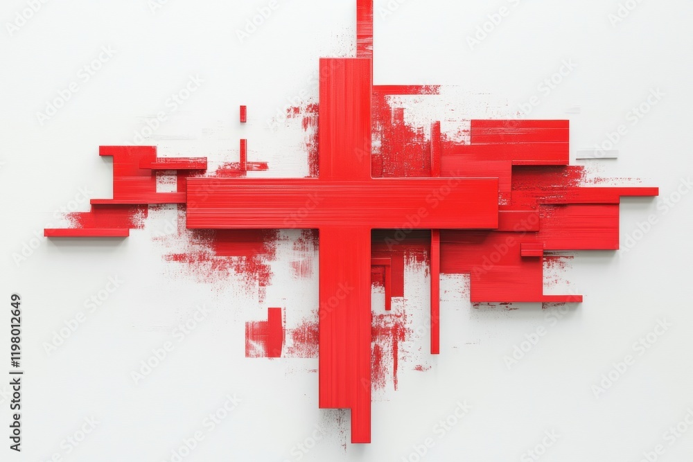 Poster prominent red cross abstraction showcasing modern design and vivid color contrast on a white canvas.