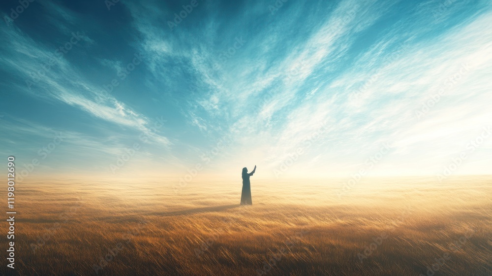 Poster person standing in open field under a vast sky during golden hour with dramatic clouds. generative a