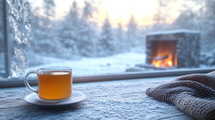 Warm tea beside a cozy fireplace with a snowy landscape outside during winter evenings. Generative AI