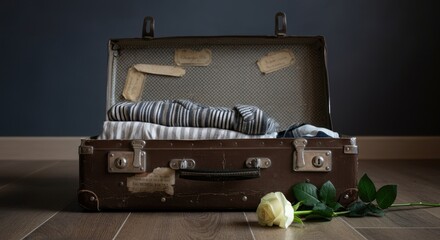Open vintage suitcase with clothes and white rose on wooden floor