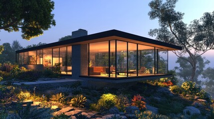 Fototapeta premium Modern glass house nestled in a lush landscape at dusk highlighting contemporary architecture. Generative AI