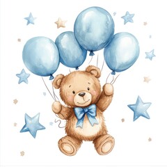 Cute teddy bear floating with blue balloons and stars; baby shower invitation