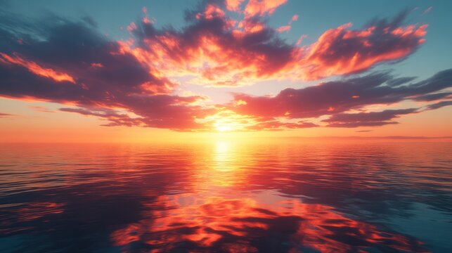Colorful sunset over calm ocean water reflecting vibrant clouds in a serene landscape. Generative AI
