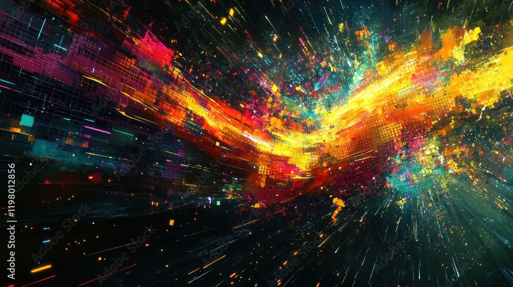 Poster colorful digital chaos creates a vibrant and dynamic visual experience in abstract art. generative a