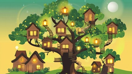 A whimsical treetop village with charming wooden houses and illuminated pathways. A perfect illustration for children's books or a nature-themed poster.