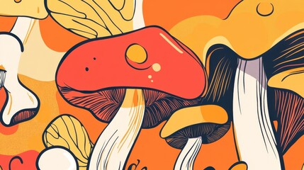 mushroom, nature, illustration, food, cartoon, fungus, vector, red, autumn, forest, toadstool, grass, isolated, white, vegetable, green, plant, amanita, leaf, boletus, poison, drawing, agaric, poisono