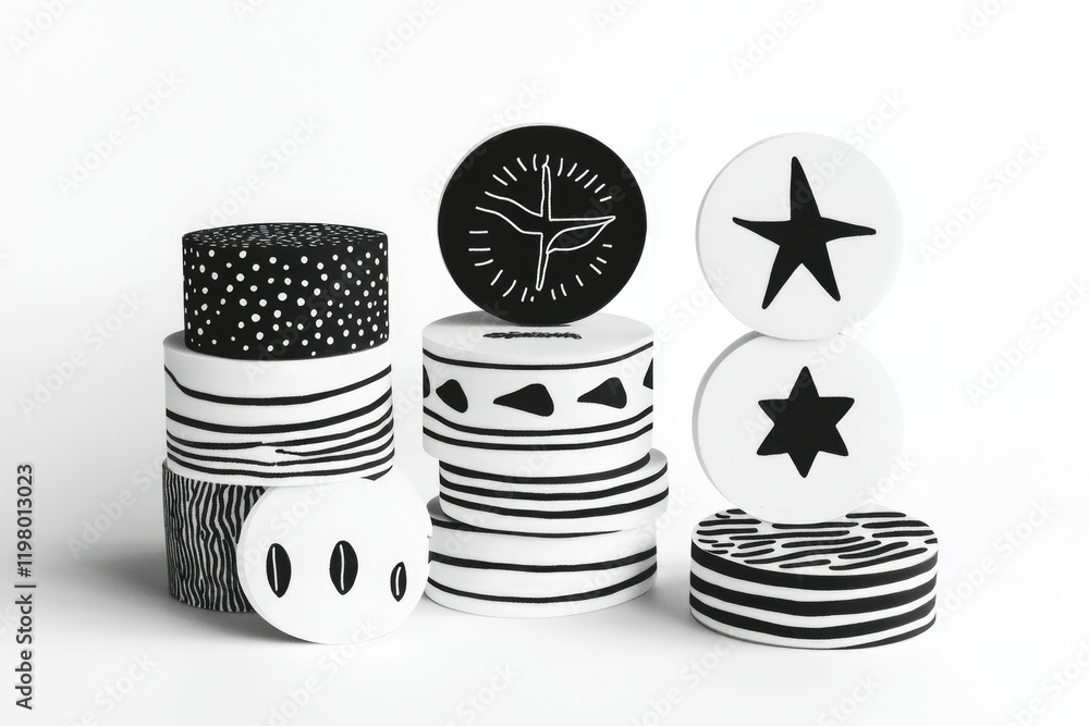 Poster black and white cylindrical objects with various geometric patterns stacked creatively.