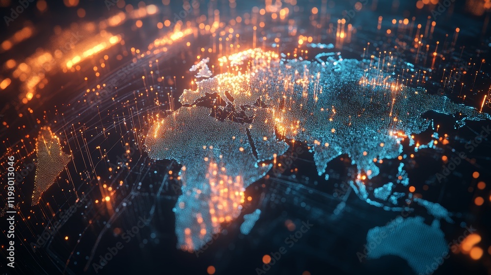 Poster illuminated digital world map illustrating global networks and connections background design
