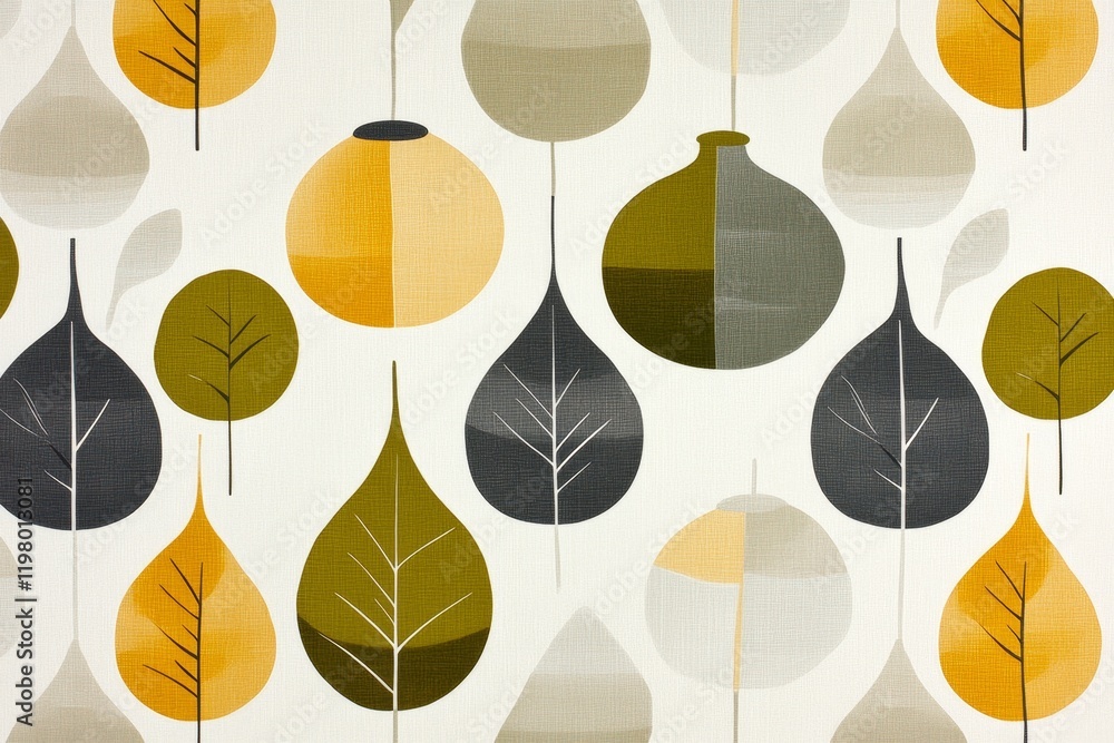 Poster a repeating pattern of minimalist leaves in muted green and beige, creating a clean and organic wall